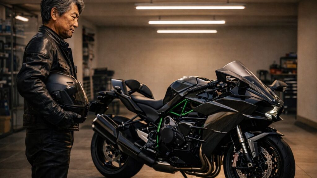 ガレージで愛車を眺めながら、Ninja H2の生産終了はなぜか、そして本当に系譜が途絶えたのかと思考を巡らす男性の様子です。