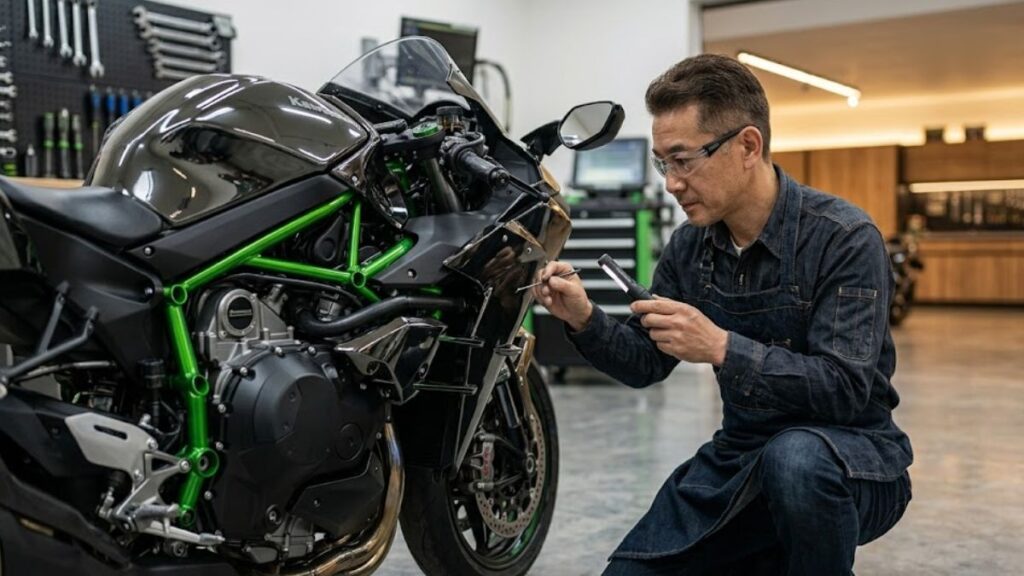 バイクの複雑なエンジン周りを点検する姿を通し、Ninja H2の生産終了はなぜ起きたのかという製造背景やコスト問題を表現した画像。
