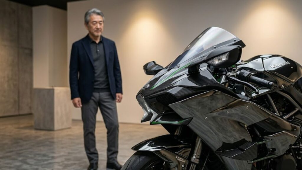 ギャラリーのような空間で希少なカーボン外装のバイクを鑑賞し、Ninja H2の生産終了はなぜ惜しまれるのかを物語るシーン。