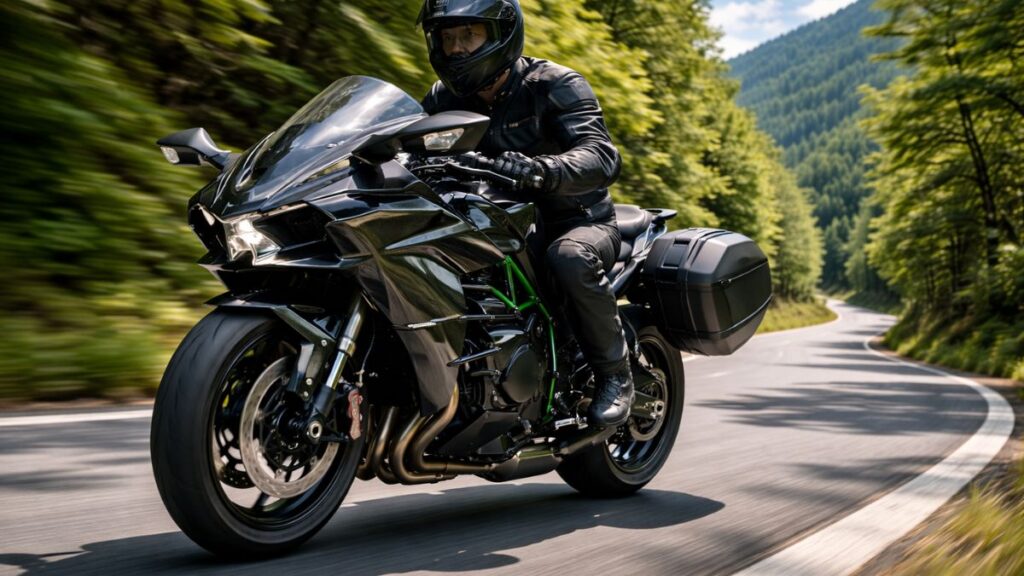ツーリング仕様のバイクで山道を快適に走行する姿から、Ninja H2の生産終了はなぜかという疑問と派生モデルの魅力を描いた風景。