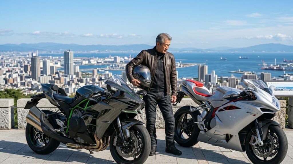 特徴の異なる2台のバイクを見比べ、Ninja H2の生産終了はなぜかという背景を踏まえて代替候補を真剣に検討するベテランライダー。