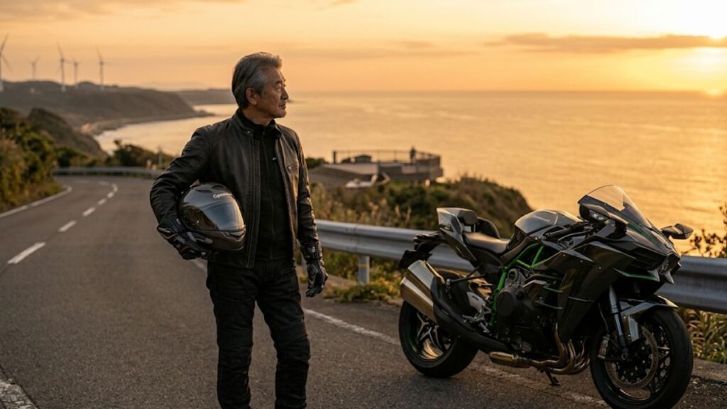 夕暮れの海岸線でフルフェイスヘルメットを被り、Ninja H2の生産終了はなぜかと未来の後継機や再販の噂に思いを馳せるベテランライダーの姿。