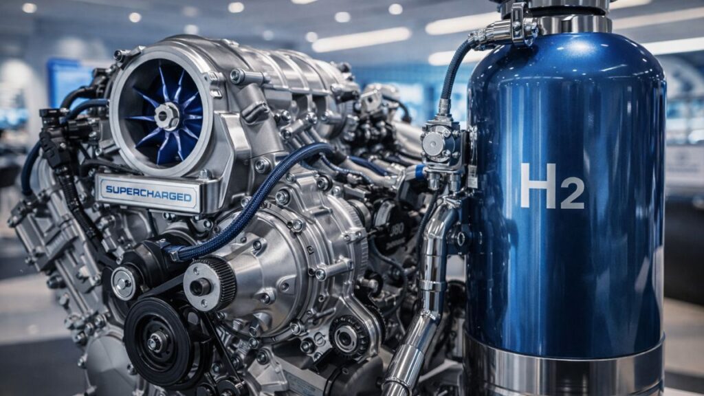 クリーンな展示スペースで、Ninja H2の生産終了はなぜかと技術の継承を感じさせるスーパーチャージャーを搭載した水素エンジンの近未来的な姿。