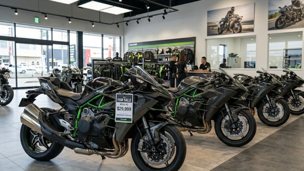 バイクショップの展示スペースで、Ninja H2の生産終了はなぜかと惜しまれながらも人気の中古車や逆輸入車が並ぶ様子。