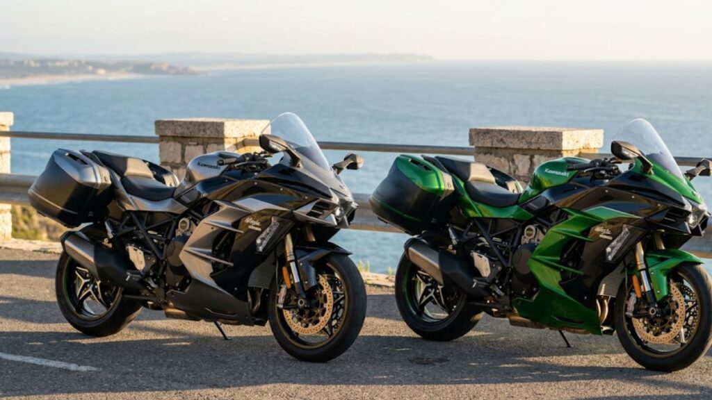 Ninja H2の「SX」と「SE」の違いを解説する記事のアイキャッチ画像。夕暮れの海沿いに停められた2台のモダンなツアラーバイクの風景です。