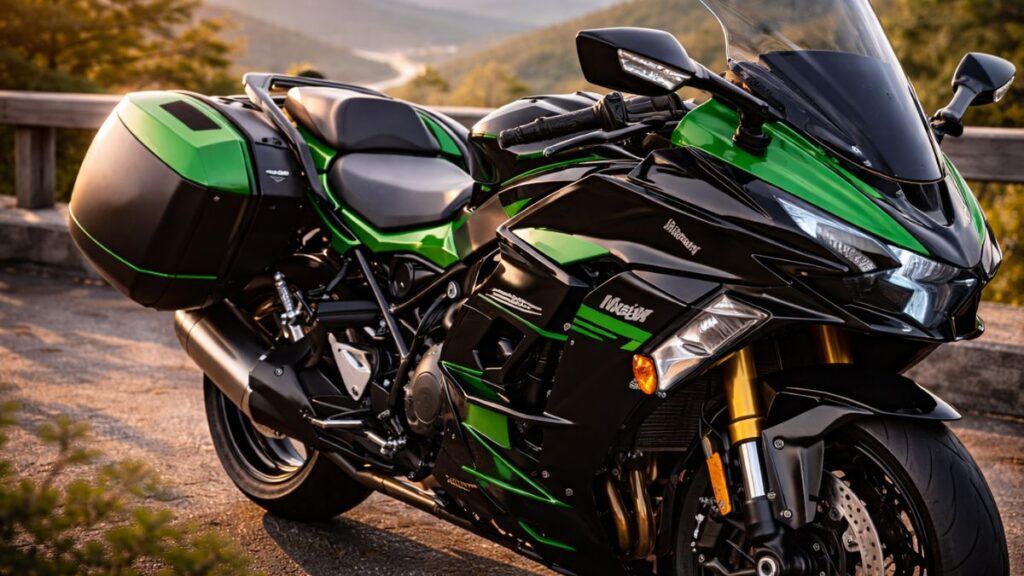 Ninja H2の「SX」と「SE」の違いとおすすめカスタムを解説する画像。パニアケースやスクリーンなどの実用的なツーリング装備のクローズアップです。