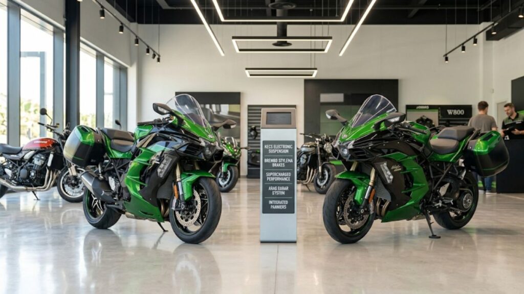 Ninja H2の「SX」と「SE」の違いや価格相場を考えるための画像。明るく清潔なディーラーのショールームに並べられた美しいツアラーバイクの風景です。