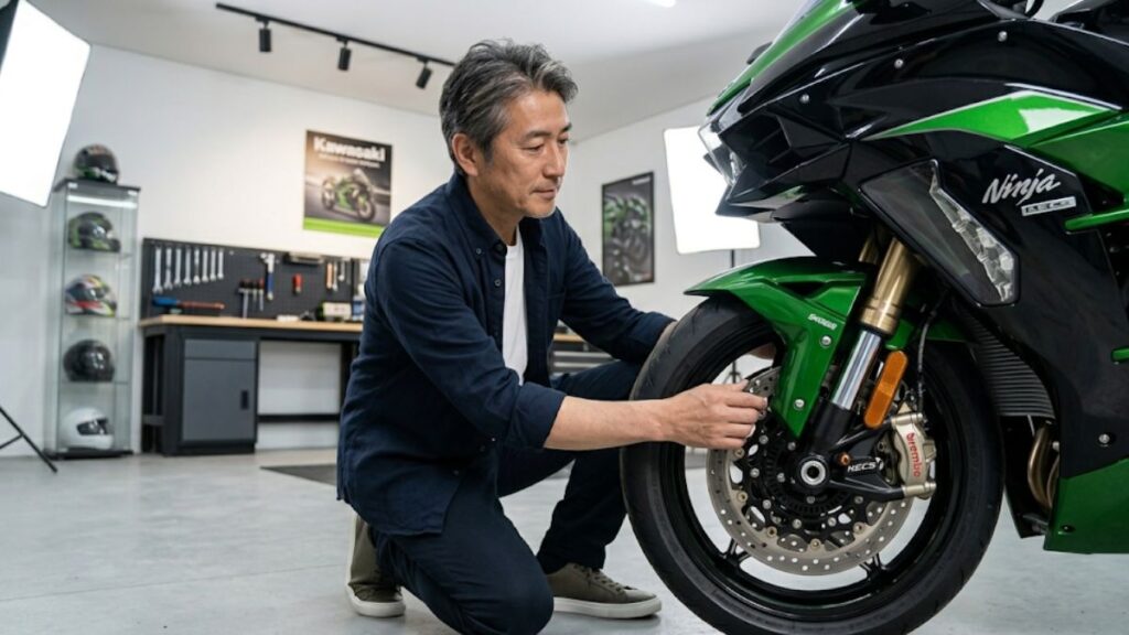 Ninja H2の「SX」と「SE」の違いと中古車選びのポイントを伝える画像。50代の日本人男性が明るいガレージでバイクの状態を丁寧に確認している風景です。