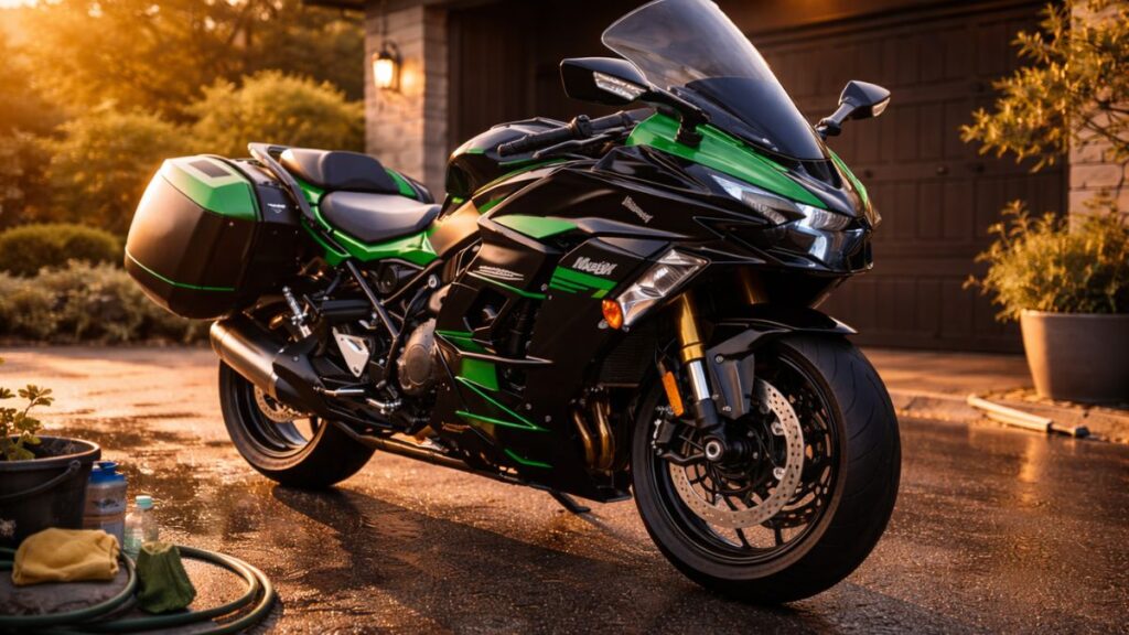 Ninja H2の「SX」と「SE」の違いとリセールバリューの傾向を解説する画像。夕暮れのガレージ前で美しく手入れされたバイクが綺麗に光を反射する風景です。