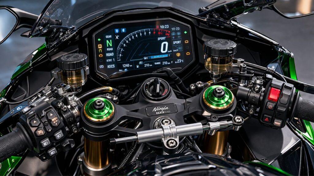 Ninja H2の「SX」と「SE」の違いとなる装備に焦点を当てた画像。高級ツアラーバイクの洗練されたメーターやサスペンションのクローズアップです。