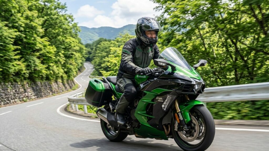 Ninja H2の「SX」と「SE」の違いや公道での立ち位置を解説する画像。50〜60代の日本人ライダーが緑豊かな山道を安全にツーリングしている風景です。