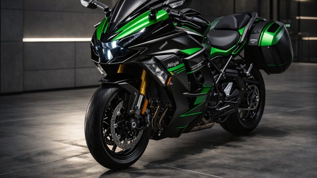 Ninja H2の「SX」と「SE」の違いと最新モデルの情報を伝える画像。モダンなガレージで美しいスポットライトに照らされた新型ツアラーバイクの風景です。