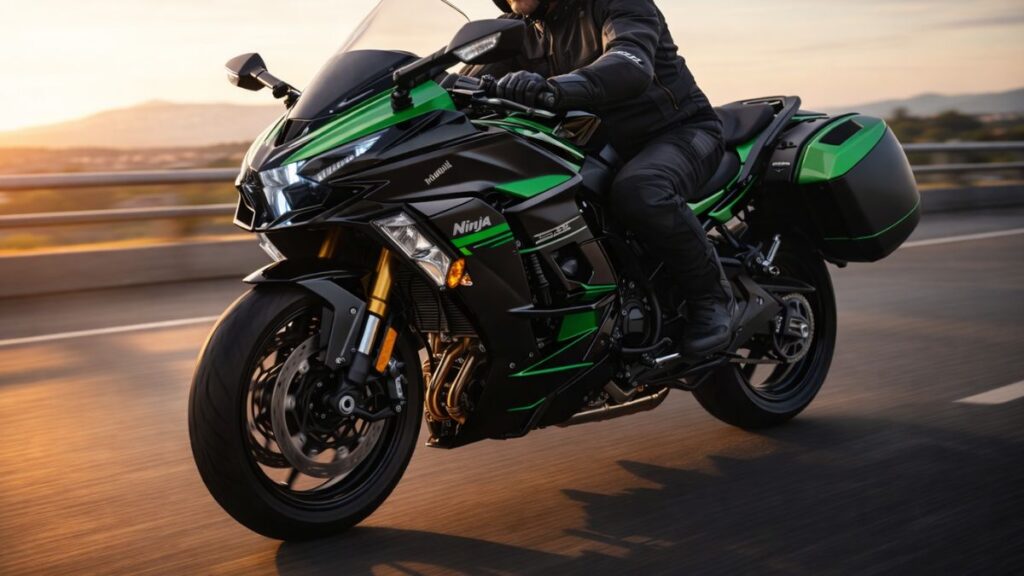 Ninja H2の「SX」と「SE」の違いやスペックの迫力を表現した画像。50〜60代の日本人ライダーが広大なハイウェイを力強く走り抜ける様子です。