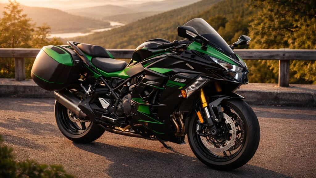 Ninja H2の「SX」と「SE」の違いと燃費性能を解説する画像。パニアケースを装着したツアラーバイクが景色の良い休憩所に停まっている風景です。