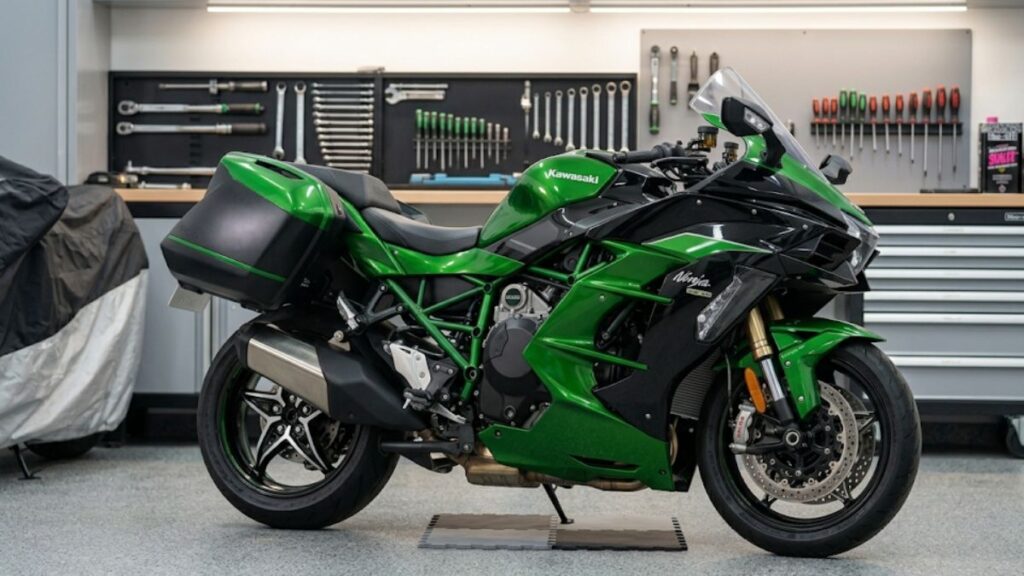 Ninja H2の「SX」と「SE」の違いと年間の維持費をシミュレーションする画像。モダンで清潔なガレージに美しく停められたバイクの風景です。