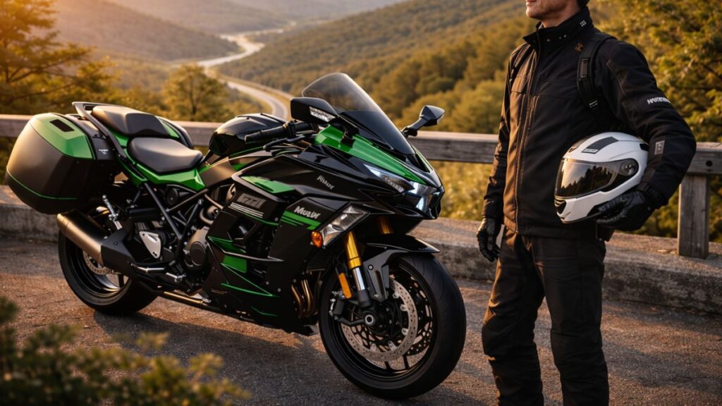 Ninja H2の「SX」と「SE」の違いやオーナーのレビューをまとめた画像。50代の日本人ライダーがバイクの横でヘルメットを持ち休憩する風景です。