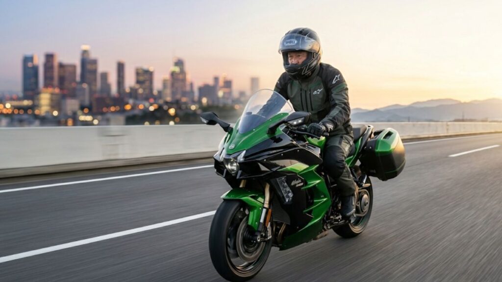 Ninja H2の「SX」と「SE」の違いを踏まえた用途別の選び方の画像。60代の日本人ライダーがツーリング装備で快適に市街地から郊外へ走る風景です。