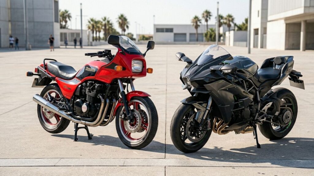 80年代の名車と現代の最新鋭モデルを並べた、Ninja H2 トップガンに至るまでの36年間の技術の進化と歴史を比較する画像です。