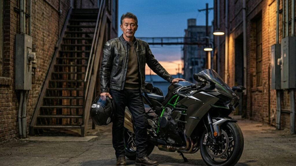 工業地帯の夕暮れを背景にバイクと佇むライダーの姿で、Ninja H2 トップガンにも通じる反骨心やブランドの力強い魅力を表現した画像です。