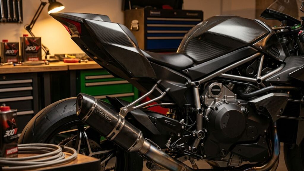 映画の世界観に合わせたNinja H2 トップガンの劇中車ならではの特別なカスタムや、グレーのフレームの特徴を表現した画像です。