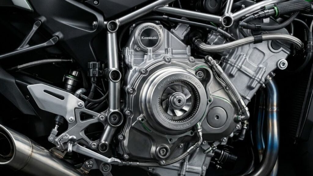 まるで地上の戦闘機のような加速感を生み出す、Ninja H2 トップガンに搭載されたスーパーチャージャーエンジンのイメージです。