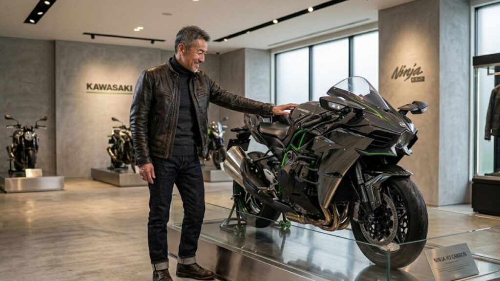 高級感のあるミニマルなショールームで、展示されたNinja H2 トップガンを満足げに眺める50代後半の日本人男性とバイクの画像です。新車価格の価値を表現しています。