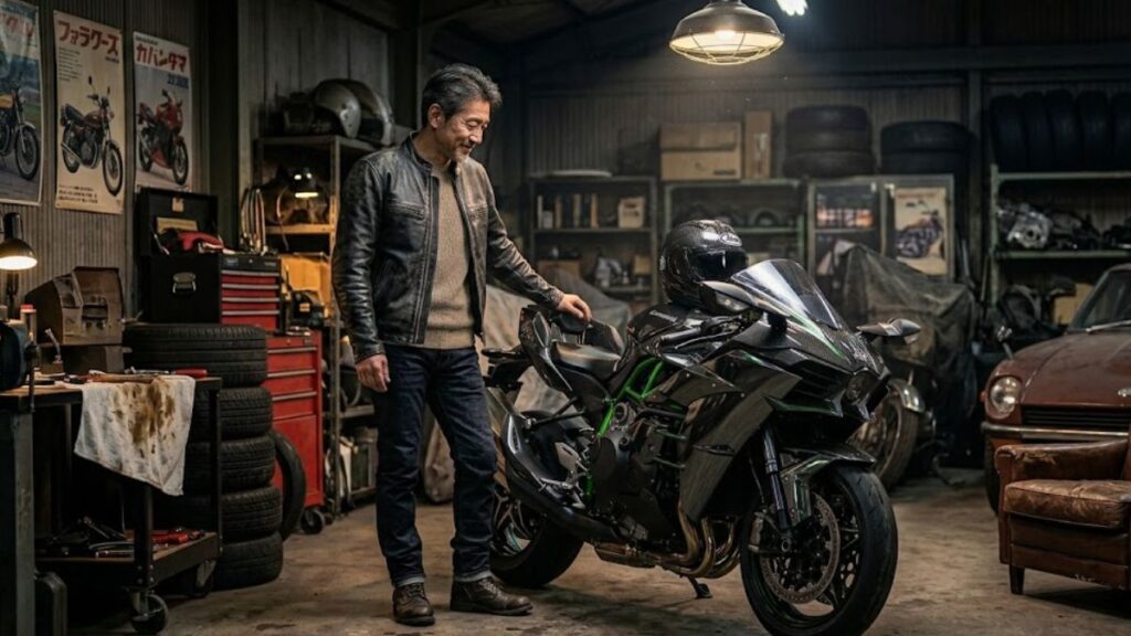 絶版となり新車では手に入らない希少なNinja H2 トップガンを、ガレージで静かに見つめるオーナーの落ち着いた雰囲気の画像です。