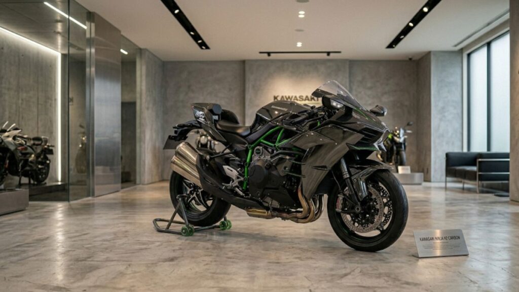 プレミアムな価値を持つNinja H2 トップガンの中古相場をイメージした、モダンなガレージに美しく展示される黒い高性能バイクの画像です。