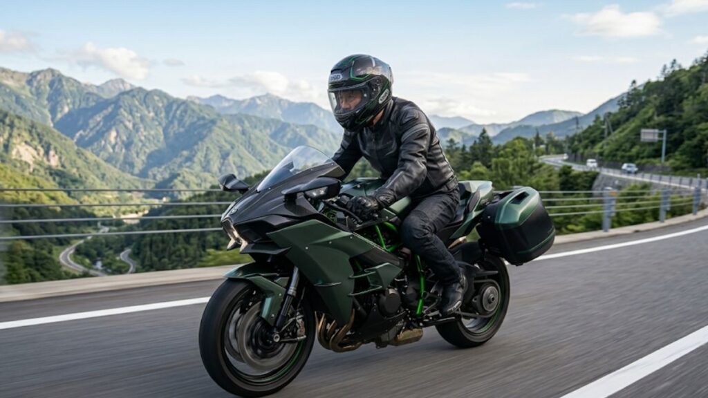 Ninja H2 トップガンの現実的な代替候補となる、快適にツーリングを楽しむ熟練ライダーと深緑色のツアラーバイクの走行画像です。