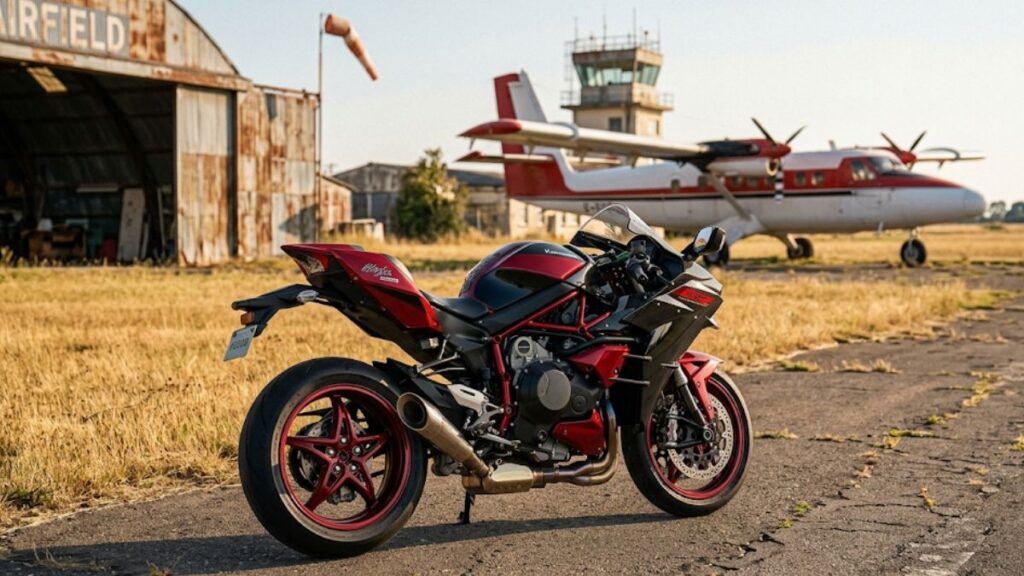 映画の歴史を感じさせるクラシックな赤と黒のバイクが滑走路付近に停まる様子で、Ninja H2 トップガンとの繋がりを示す画像です。