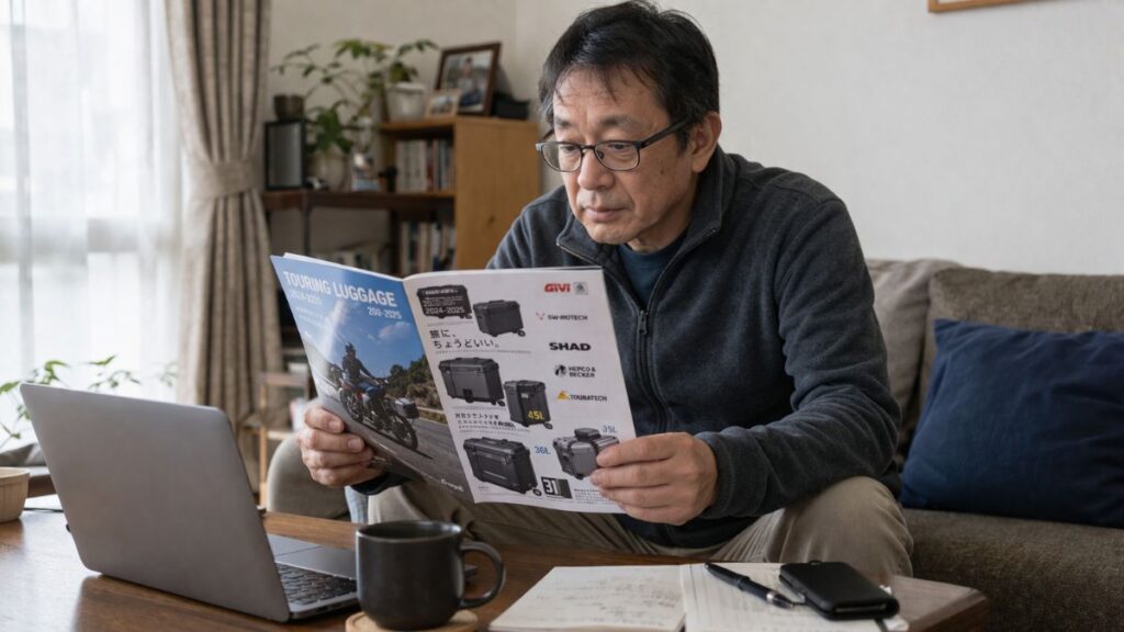 車体との一体感や価格・容量の比較など、R1300GS パニアケース 純正とgivi（社外品）の違いをカタログとパソコンで見比べる男性。