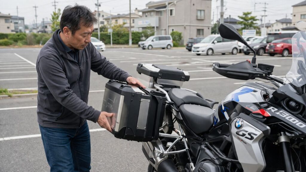 R1300GS パニアケース 純正のVarioラゲッジのサイズ感を、実際に可変機能を操作しながら確認する男性。