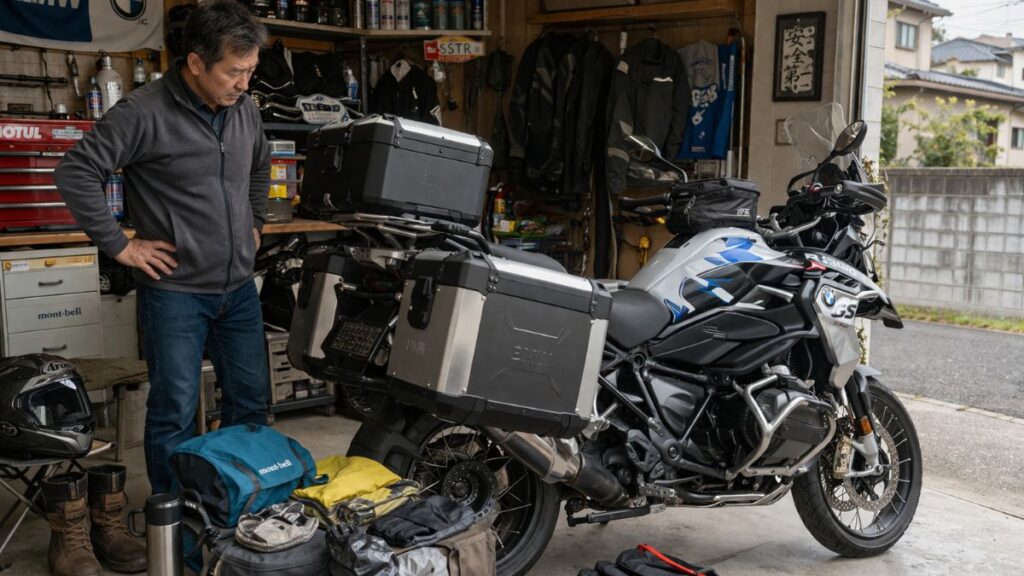 長距離ツーリングに向けて、R1300GS パニアケース 純正をフルパニアで装着し、荷物の積載力を確認する男性。