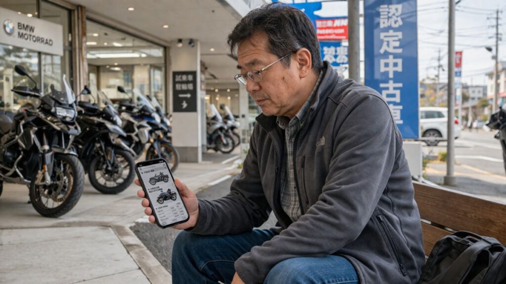 標準モデルとアドベンチャーの違いを理解するため、R1300GS パニアケース 純正の仕様をスマホで比較確認する男性。