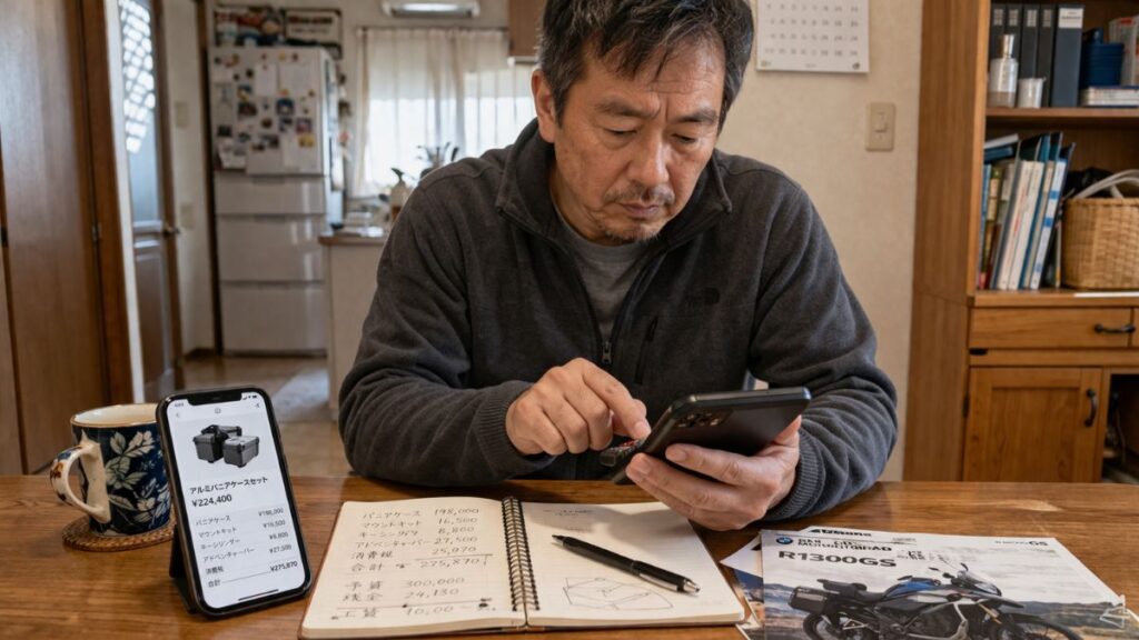 必要な部品一式を含めたR1300GS パニアケース 純正の価格の目安と総額を、電卓で計算する男性。