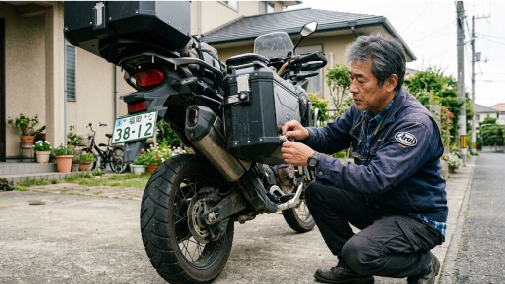 R1300GS パニアケース 純正の不具合に関する情報を踏まえ、装着後にラッチやロックが確実に固定されているか慎重に確認する50代男性の姿。