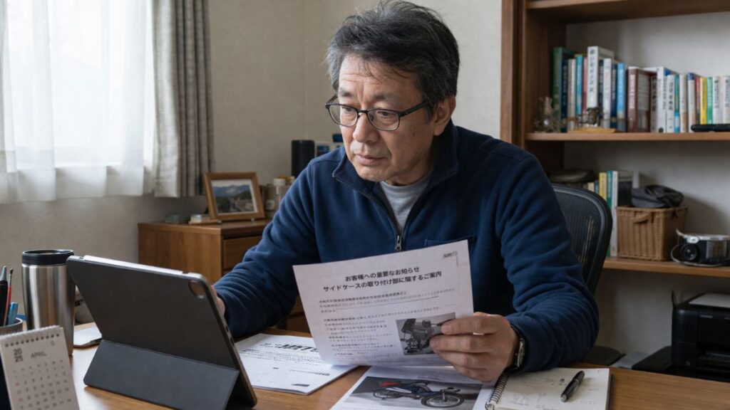 過去のリコール対応など、R1300GS パニアケース 純正の出荷停止の背景について、自宅で公式文書やネットの情報を落ち着いて調べる男性。