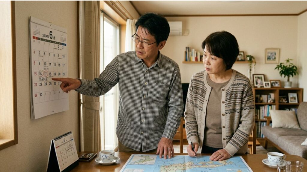 ツーリングの予定日と部品一式の入荷時期を見比べながら、R1300GS パニアケース 純正の納期遅れについて夫婦で相談している日常風景。