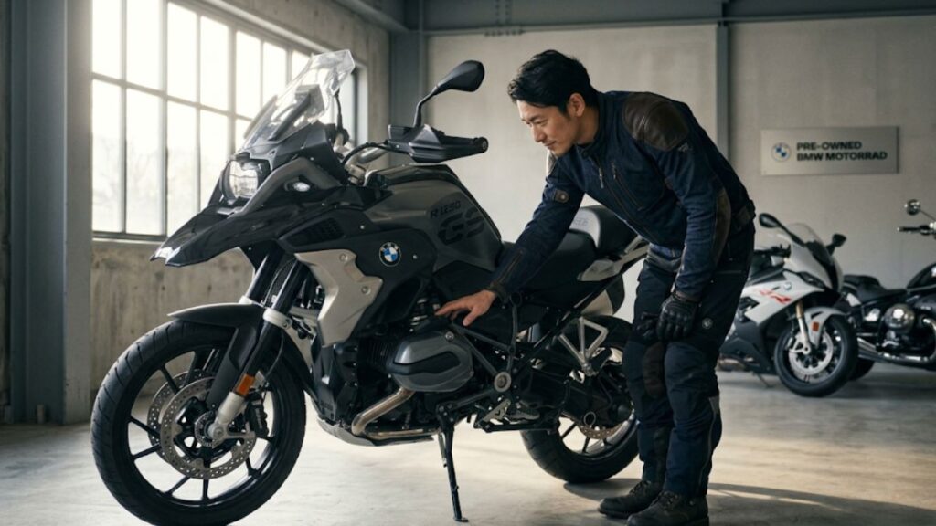 ガレージでBMWの中古バイクを慎重にチェックする日本人の男性ライダー。