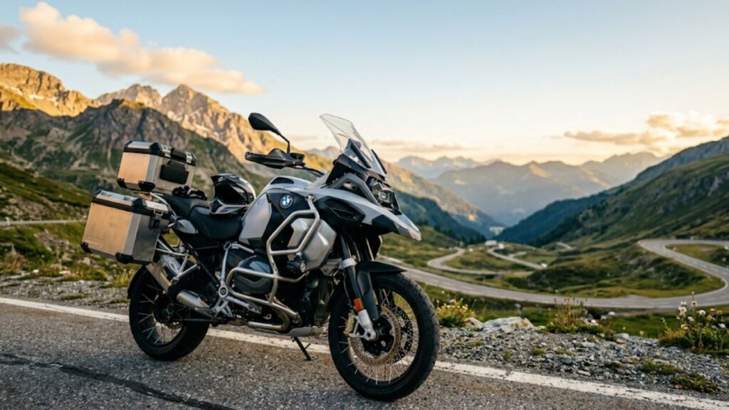 夕暮れの山道を背景に停車するBMW R1250GS。中古市場でも不動の人気を誇るアドベンチャーバイクの代表モデル。