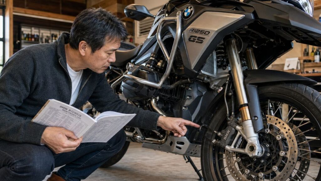 ガレージで中古BMWバイクの状態を細かく確認し、点検記録簿を手にチェックポイントを確認している日本人の男性。