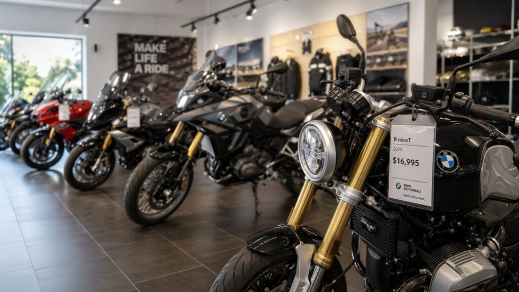 ショールームに並ぶBMWの登録済み未使用車と中古バイクのラインナップ。