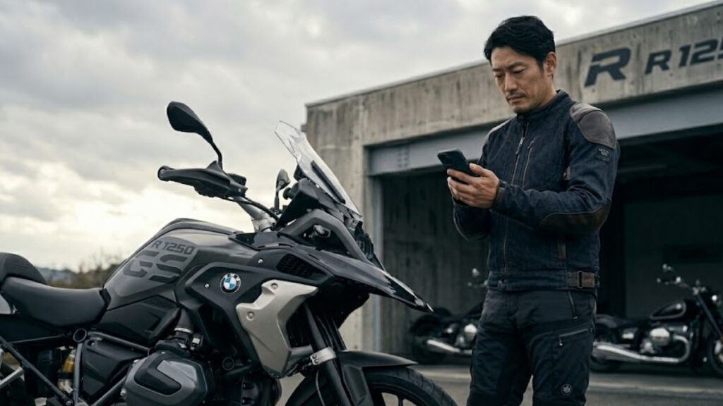 BMWのバイクの横でメンテナンスについて考え込む日本人男性。