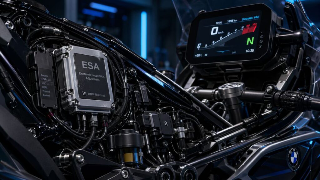 BMWバイクの電子制御サスペンションユニットと精密な電子回路のアップ。