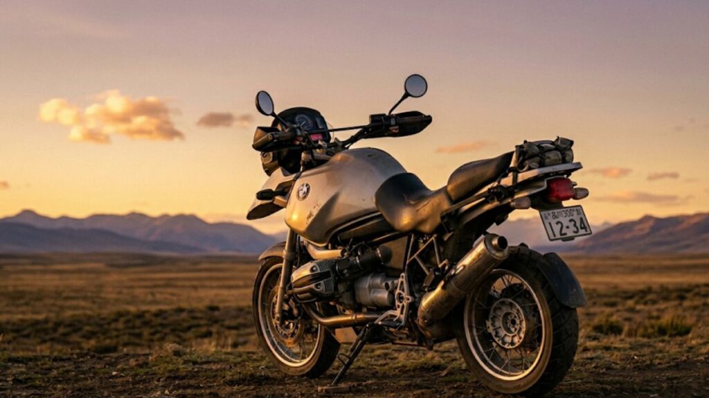 走行距離を重ねても力強く美しい、夕暮れの大地に佇むBMWのバイク。