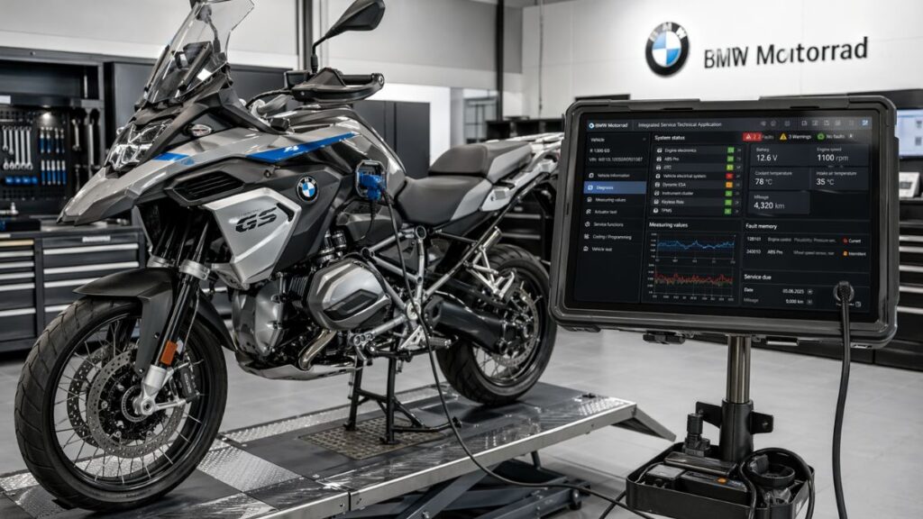 正規ディーラーのワークショップで専用診断機に接続されたBMWのバイク。