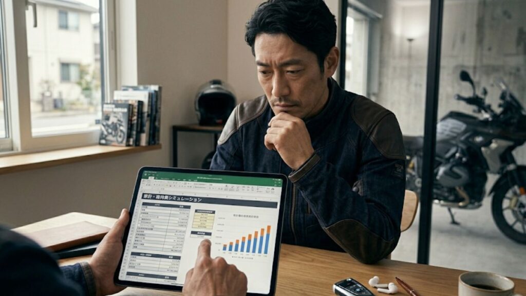 タブレットで家計と維持費をシミュレーションする日本人男性と、机に置かれたBMWの鍵。