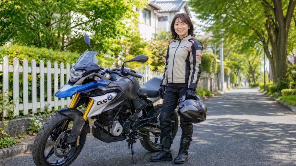 晴れた日の道端で、初心者にも扱いやすいサイズのBMW G310GSの横に立つ笑顔の日本人女性ライダー。
