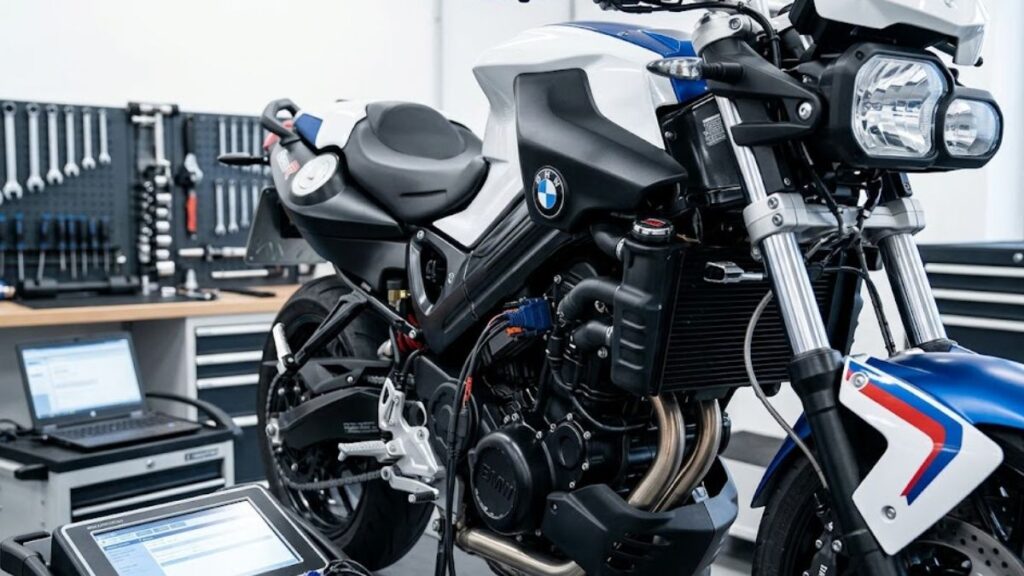 バイクショップのピットで専用診断機に接続され点検を受けるBMW F800Rのエンジン周り