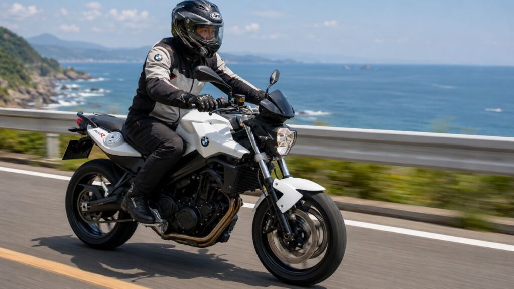 フルフェイスヘルメットを着用し、日本の海岸沿いの高速道路を安定して巡航する40〜50代の日本人ライダーとBMW F800R